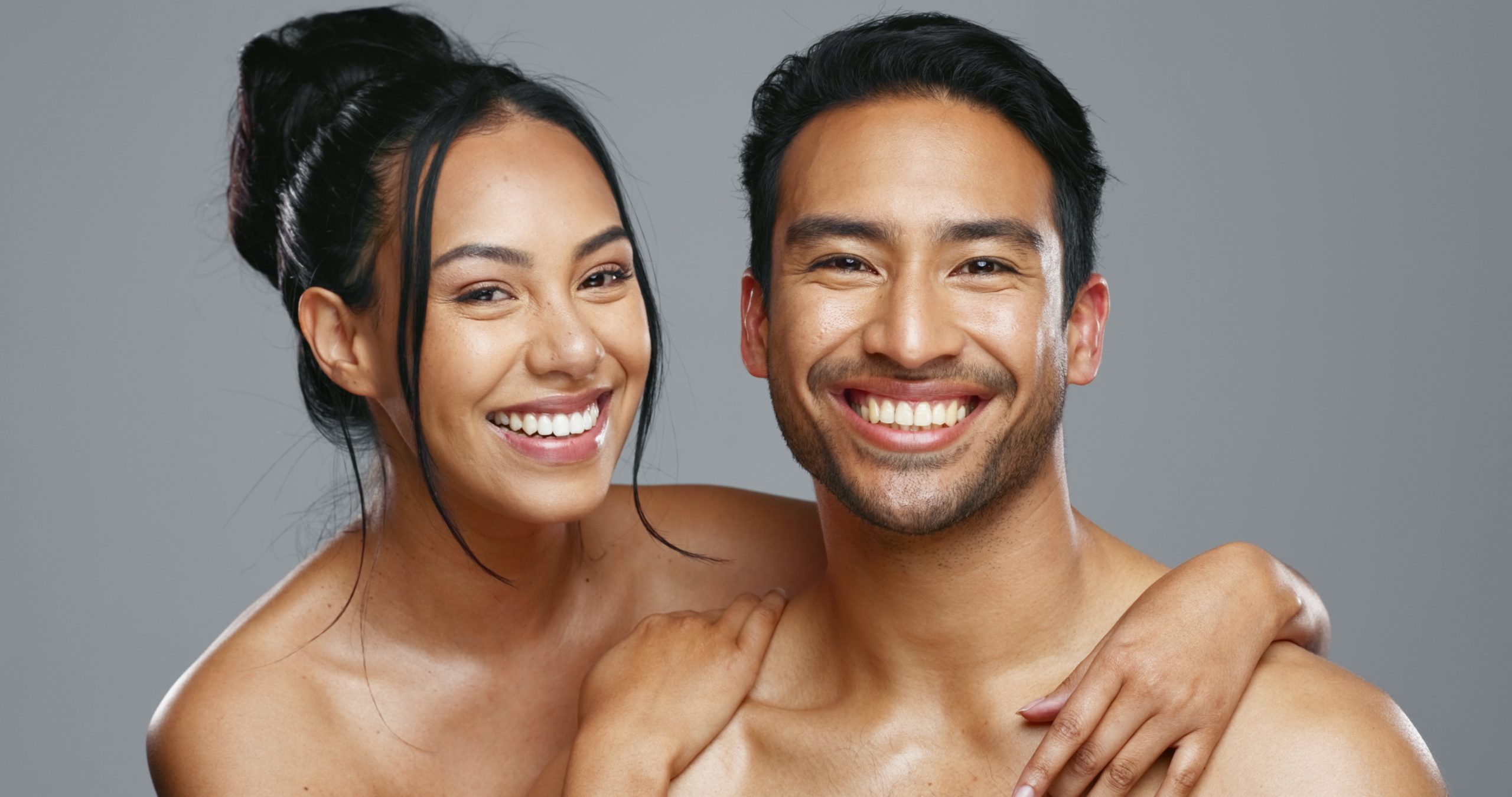 couple-smile-and-care-for-skincare-happy-and-por-2025-04-06-03-32-14-utc man and woman smiling with clear skin, NBOA skincare