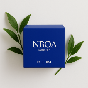 NBOA Skincare For Him product with green leaves on white background – vegan acne solution