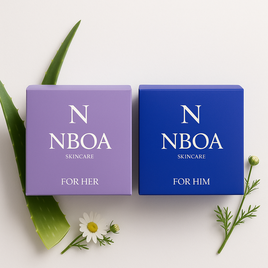 NBOA Skincare For Her product with aloe and chamomile on white background – organic eczema skincare for sensitive skin.