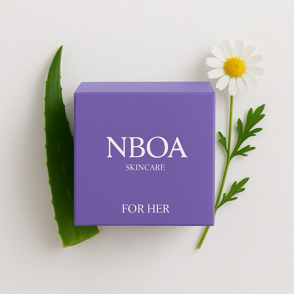 NBOA Skincare For Her product with botanical elements on white background – natural acne treatment